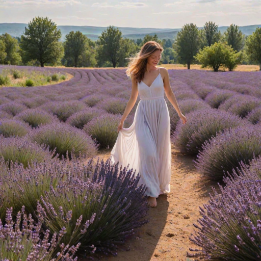 Sunlit field of lavender, the vibrant purple stretching as far as the eye can see, a woman in a flowing white dress walks barefoot through the flowers, her hands gently brushing the tops of the blooms.