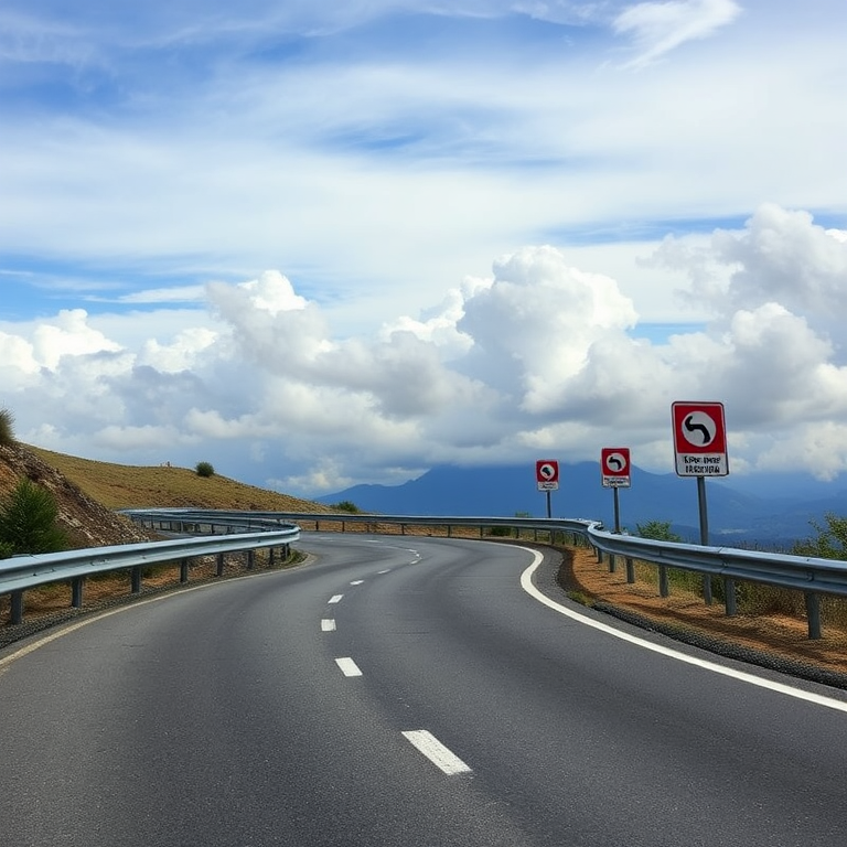 a winding road with a guardrail and curvature signs, cloudy sky in the background, taken with a DSLR camera, 50mm lens, aperture f/11, ISO 100, landscape view, natural lighting