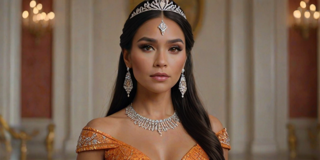 A gorgeous Native American woman in a luxurious orange gown, accessorized with a dazzling tiara and statement earrings, her deep Yellow eyes highlighted by impeccable makeup, poised in a royal setting, photorealistic, 8K quality