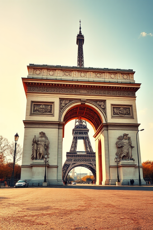 Viva La France artwork featuring the Arc de Triomphe with the Eiffel Tower in the background, captured from a low angle in daylight, using a DSLR camera with a 24mm lens, aperture f/8, ISO 100, and a vibrant color correction for enhanced image quality.
