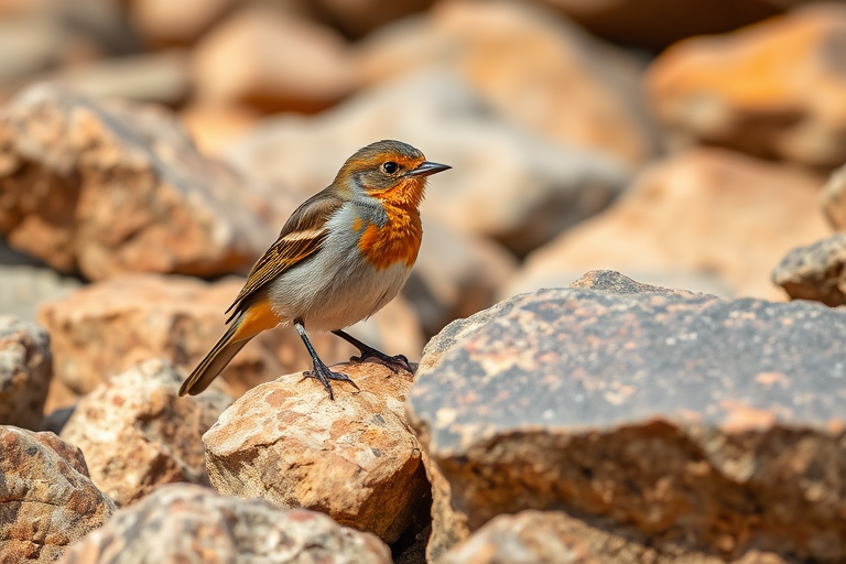 A close-up shot of a bird perched on weathered rocks, with vibrant natural colors, using a DSLR camera, aperture at f/5.6, shutter speed 1/200s, ISO 400, captured in natural light, from a low angle to emphasize details and textures.