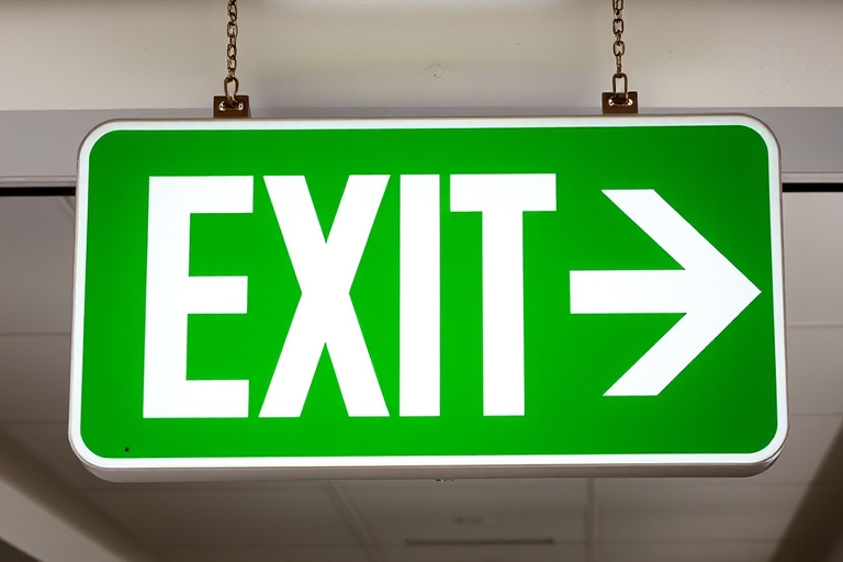Create a high-resolution image of a green exit sign with bold white letters and an arrow pointing right, shot with a DSLR camera using a 50mm lens at f/2.8, ISO 100, in natural daylight to enhance clarity and detail.