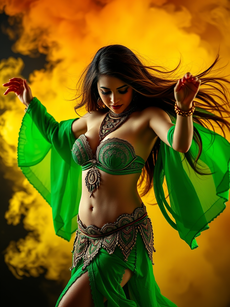 Belly dancer in a green costume performing, dynamic pose with flowing hair, dramatic yellow and orange smoke background, DSLR camera, focal length 85mm, aperture f/2.8, shutter speed 1/200, ISO 100, soft portrait lighting.