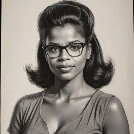 Comely Renee Elise Goldsberry, pencil sketch, portrait of Superb woman 1956s in glasses, hair style beatnik, outline, clear lines, fine lines, 8k