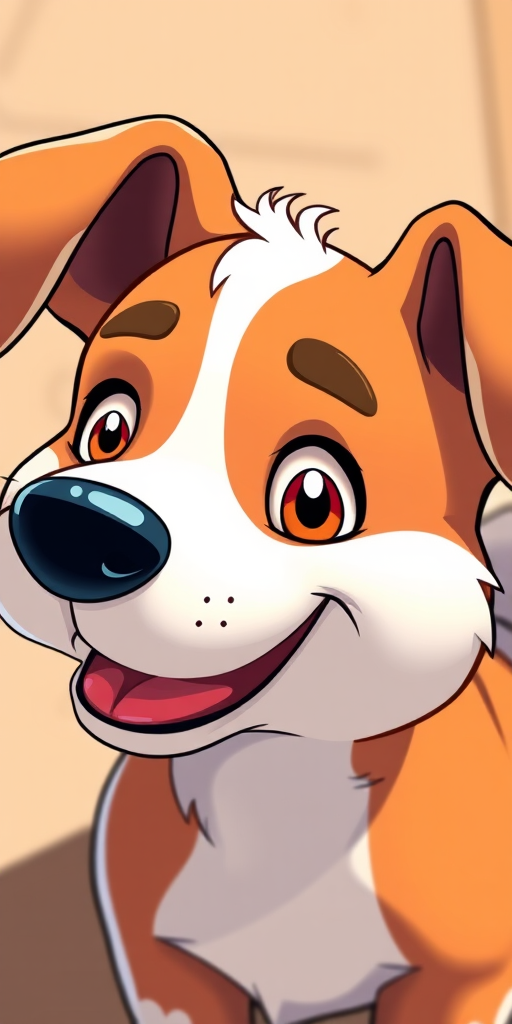 Generate a high-resolution cartoon dog image with vibrant colors, focused on the dog's friendly expression, using a DSLR camera with a 50mm lens, f/2.8 aperture, ISO 100, and natural lighting to enhance details and contrast.