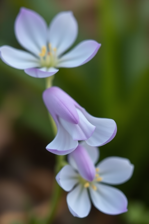 Capture a close-up image of three delicate white flowers with soft lavender tips, using a DSLR camera at f/2.8 aperture, 100mm lens, ISO 100, and a natural light setting to enhance the color vibrancy and detail.