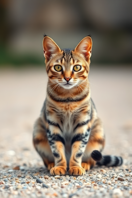 Regenerate a high-quality image of a striped cat sitting on a gravel surface, using a DSLR camera with a 50mm lens, aperture f/1.8, ISO 100, and a shallow depth of field for soft background blur, capturing a front view with natural lighting.