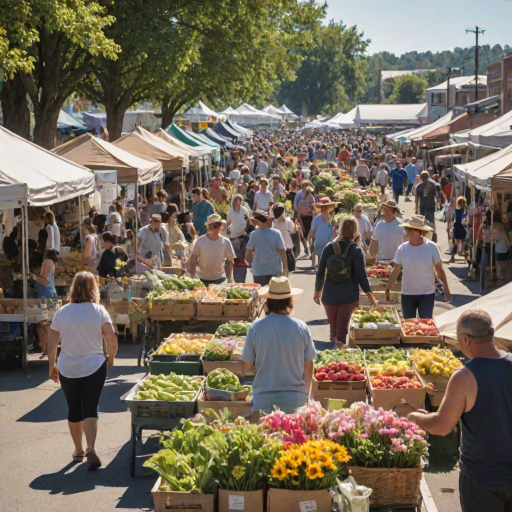 Bustling farmers market, with vendors selling fresh produce, flowers, and homemade goods, families interacting, and children enjoying activities, all set against a sunny backdrop.