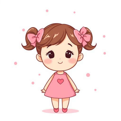 Create an illustration of a cute cartoon girl with a simple round face, wearing a pink dress with a heart, styled with two playful pink bows in her pigtails, set against a white background with scattered pink polka dots, captured using a digital art style with a soft, pastel color palette, in high resolution at a 16:9 ratio, with a clean, minimalistic aesthetic.