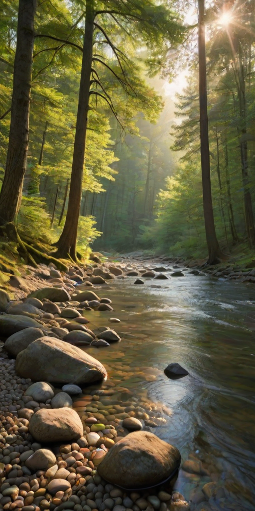 Create an image of a serene, sunlit forest scene with a clear, gently flowing river. Tall trees with lush green foliage line both sides of the river, their leaves bathed in the warm golden light of the setting or rising sun. The sunlight filters through the trees, casting soft, dappled light on the river, which flows over smooth rocks and pebbles, creating a peaceful, natural atmosphere. The sky is bright with a few scattered clouds, and the overall mood is tranquil, evoking a deep sense of connection with nature. The image captures the beauty of a calm, pristine forest landscape at either dawn or dusk.