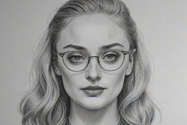 Attractive Sophie Turner, pencil sketch, portrait of Fascinating woman 1926s in glasses, hair style beatnik, outline, clear lines, fine lines, 8k