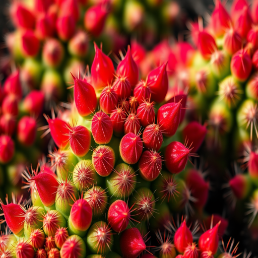 capture a close-up of vibrant cacti with sharp details and rich colors at f/2.8, ISO 100, 1/250s, using a macro lens, natural light, high dynamic range, DSLR camera
