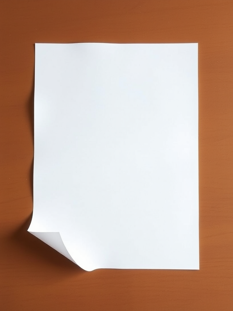 Create a high-resolution image of a blank sheet of paper with a subtle curl at the corner, using a DSLR camera with a 50mm lens, aperture set to f/2.8, shutter speed 1/125, and ISO 100, shot from a top-down view with natural soft lighting for even illumination.