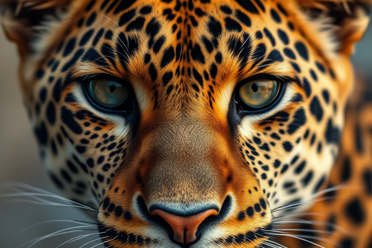 Regenerate a close-up image of a leopard with sharp focus on its eyes, using a Canon EOS R5 camera, aperture f/2.8, ISO 100, shutter speed 1/500s, high dynamic range, and soft diffused lighting to enhance texture and detail.
