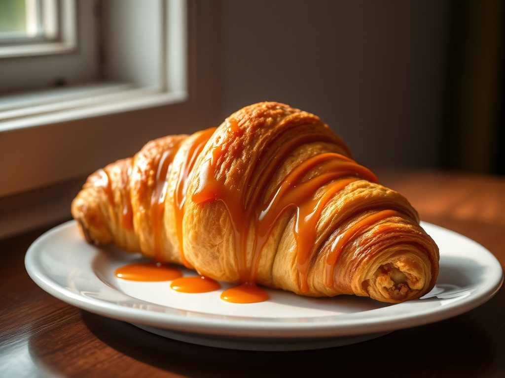 A golden croissant drizzled with caramel sauce on a white plate, shot with a DSLR camera at f/2.8, ISO 100, 50mm lens, in natural light from a window, shallow depth of field for a soft background.