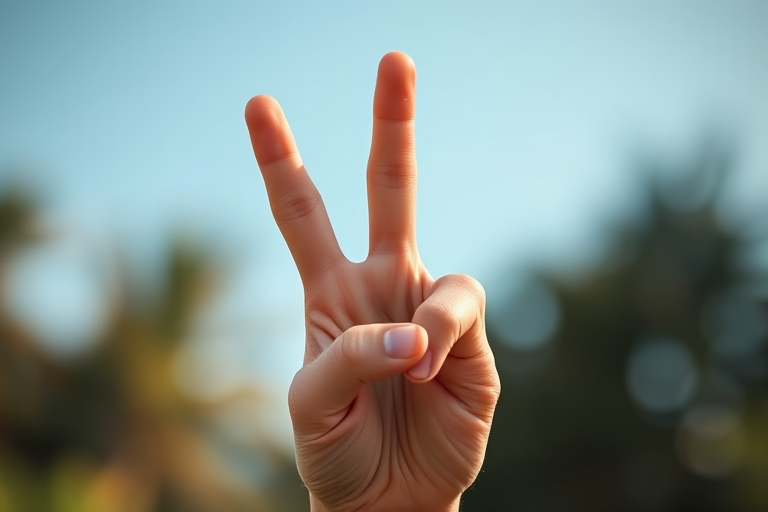 Generate a high-resolution vector illustration of a hand showing a peace sign, captured with a Canon EOS R5, 50mm f/1.2 lens, aperture set to f/2.8, soft diffused lighting, and a slightly overhead angle for depth.