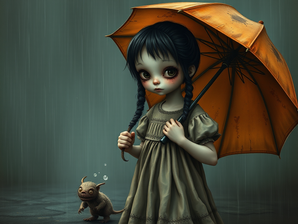 An eerie, weird little girl with dark hair in thin pigtails, wearing a smock dress, standing in the rain, holding a dirty orange umbrella, a small, odd creature beside her. In a surreal style inspired by Nicoletta Ceccoli and Brian Froud. Dark fantasy themes