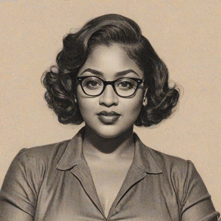 Fascinating Jazmine Sullivan, pencil sketch, portrait of Fetching woman 1936s in glasses, hair style beatnik, outline, clear lines, fine lines, 8k
