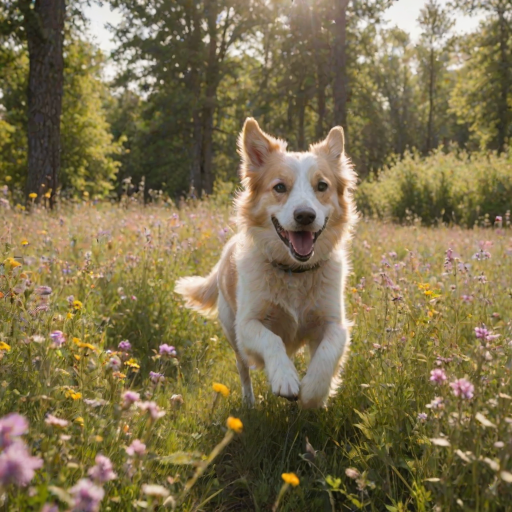 Blurry, candid shot of a dog running through a field of wildflowers, ears flapping in the wind, joyful expression on its face, sunlight filtering through the trees, a distant farmhouse barely visible, soft breeze rustling the flowers.