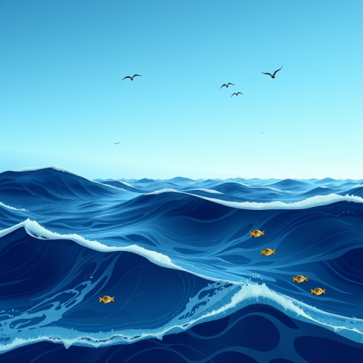 Create a detailed illustration of a serene ocean scene with gentle waves, a gradient blue sky with a few birds flying, and several stylized fish swimming, captured from a low angle using a full-frame DSLR camera at f/8, ISO 100, and a shutter speed of 1/250s.