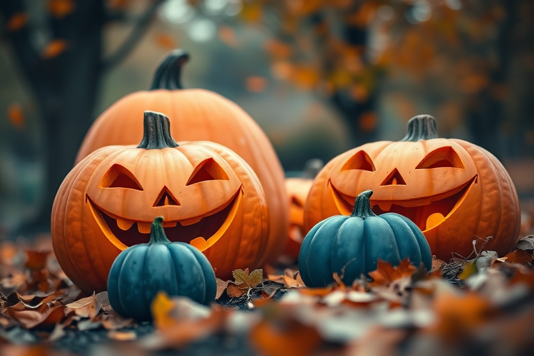create a spooky Halloween scene featuring large smiling orange pumpkins and a smaller blue pumpkin surrounded by falling autumn leaves, use a shallow depth of field with a bokeh effect, set the camera to aperture f/2.8, shutter speed 1/100s, ISO 200, view from a low angle, shot with a DSLR camera to enhance image quality