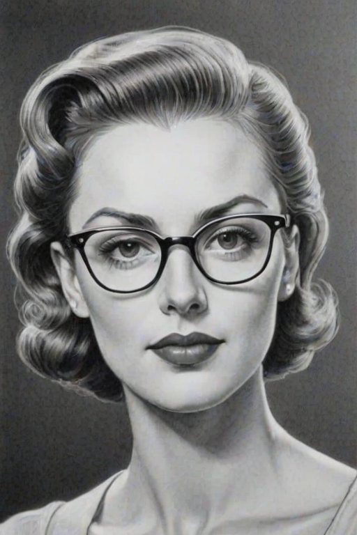 Graceful Julia Fox, pencil sketch, portrait of Attractive woman 1939s in glasses, hair style beatnik, outline, clear lines, fine lines, 8k