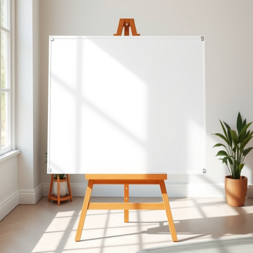 Create an image of a blank whiteboard on an easel with soft natural lighting, shot from a slightly elevated angle, using a DSLR camera with a 50mm lens at f/2.8, ISO 100, and a shutter speed of 1/200s.