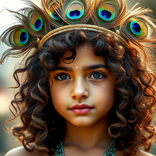 Create a highly detailed portrait of a young deity with curly hair and a peacock feather crown, using a 50mm lens at f/1.8, natural lighting for a soft glow, shot in portrait style with a DSLR camera for enhanced clarity and color vibrancy.