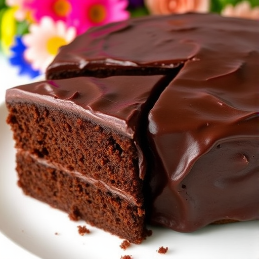 A rich and moist chocolate cake with a glossy dark chocolate frosting, a slice cut to reveal its soft texture, displayed on a white plate with colorful flowers in the background.