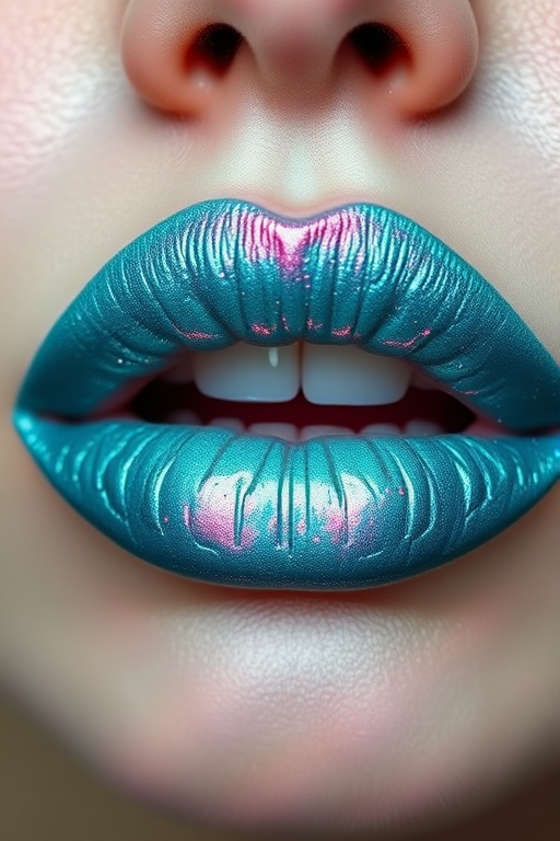 Shimmering turquoise lips with a duochrome effect, christened "Mermaid's Kiss," offering a color-shifting finish and oceanic inspiration for unique makeup