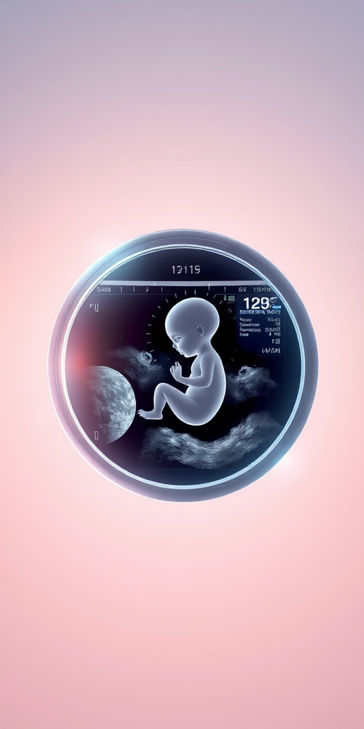 Create a digital illustration of a fetus in a womb on an ultrasound display, featuring a gradient background with soft pastel colors, using a high-resolution camera at 50mm focal length, f/8 aperture, and a shutter speed of 1/125s, ensuring a clear and detailed composite style with a slight vignette effect.