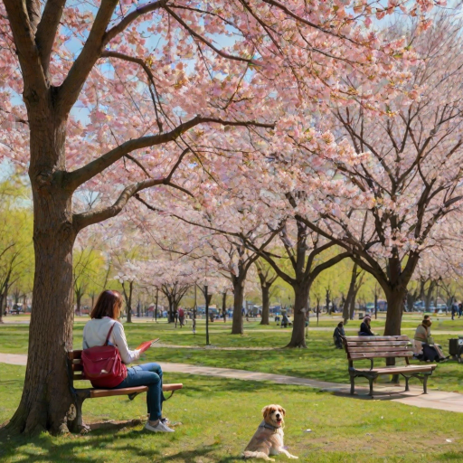 Vibrant city park in spring, cherry blossoms in full bloom, a woman sits on a bench under a large tree, her dog resting at her feet as she sketches the lively scene around her.