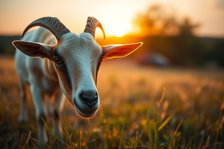 close-up of a grazing goat in a field at sunset, shallow depth of field, aperture f/2.8, ISO 400, 50mm lens, soft natural lighting, DSLR camera