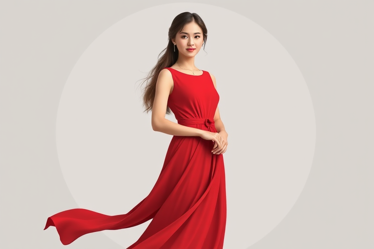 Create a high-quality digital illustration of a young woman wearing a flowing red dress with a fitted waist and a round neckline, standing gracefully in a circular soft gray background, using a Canon EOS R5 camera with a 50mm f/1.2 lens, at ISO 100, f/2.8 aperture, and a 1/125 second shutter speed for sharp focus and rich colors.