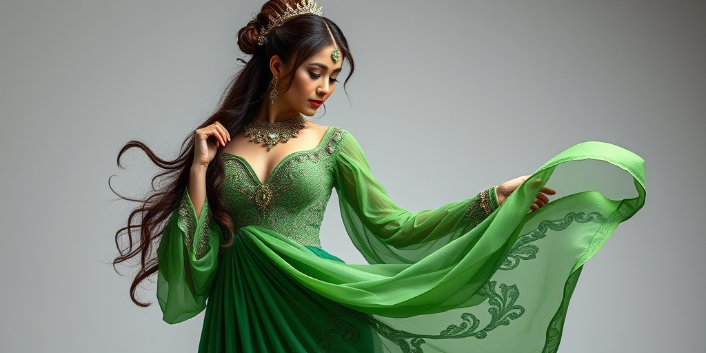 Generate an image of a female figure wearing an elegant, flowing green costume with intricate details, adorned with jewelry, captured with a DSLR camera at f/2.8, ISO 100, 50mm lens, overhead lighting in a studio setting for enhanced clarity and depth.