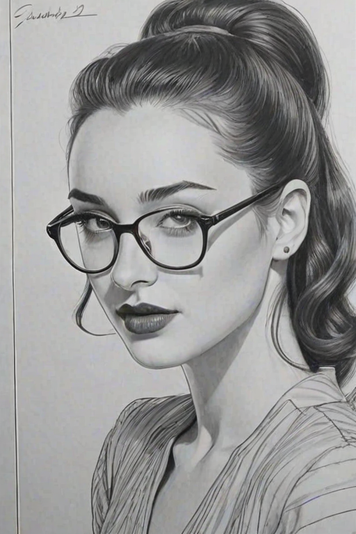 Enticing Emma Dumont, pencil sketch, portrait of Dazzling woman 1939s in glasses, hair style beatnik, outline, clear lines, fine lines, 8k