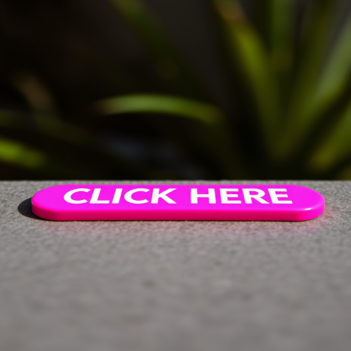 Create an image of a bright pink button with the text "CLICK HERE" in bold white letters, taken from a close-up angle using a DSLR camera, aperture set to f/2.8 for a shallow depth of field, ISO 100 for clarity, and natural lighting to enhance the color vibrancy.