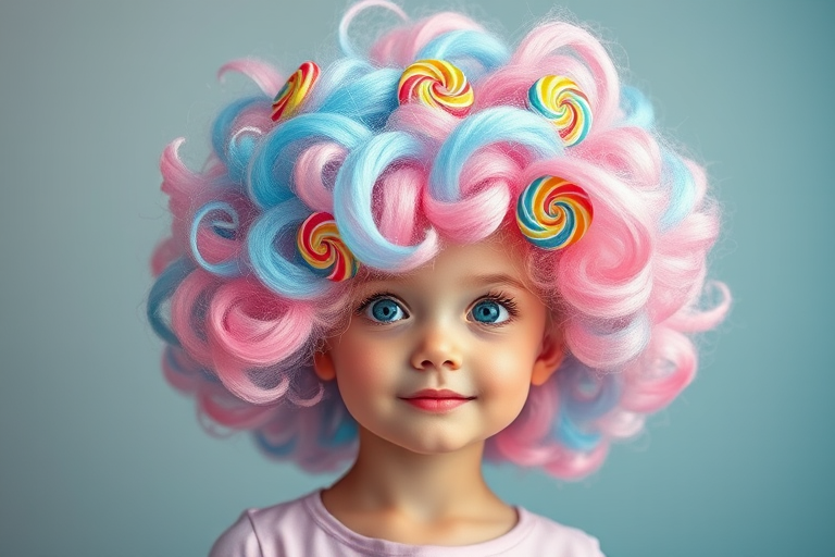 Dreamy cotton candy pink and blue swirls combine in a fluffy, cloud-like afro, adorned with miniature rainbow lollipops for a whimsical candy wonderland effect
