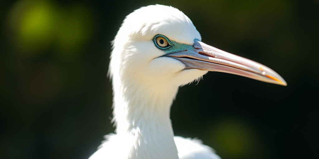 close-up of a white bird with a long beak and detailed feathers, soft natural lighting, shallow depth of field, DSLR camera, 50mm lens, f/1.8, ISO 200, 1/200 sec, focus on the eye