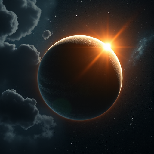 Create a highly detailed image of a distant planet with a textured surface illuminated by a radiant glow, set against a starry background with nebula-like clouds, using a DSLR camera with a 50mm f/1.8 lens, ISO 100, aperture f/8, and a low-angle view to enhance depth and clarity.
