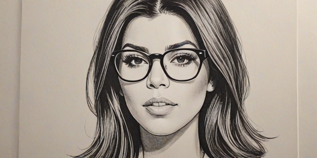 Beauteous Kourtney Kardashian, pencil sketch, portrait of Bewitching woman 1967s in glasses, hair style beatnik, outline, clear lines, fine lines, 8k