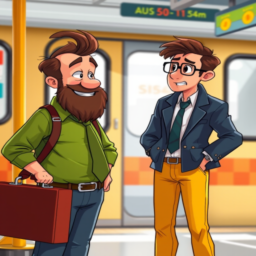 Create an illustration of two animated characters: one with a beard in a green shirt and tie holding a briefcase, and a younger man in a jacket and tie with yellow pants, both engaged in conversation in front of a public transport setting, use a vibrant color palette, soft focus with a 50mm lens, f/2.8 aperture, shot in natural light, high-resolution digital art.