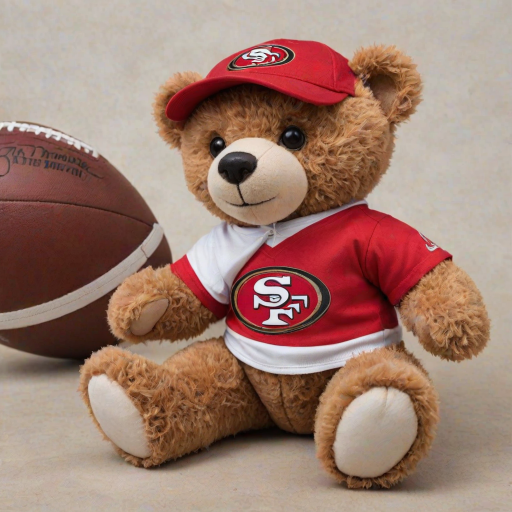 A cute and fluffy teddy bear dressed in a San Francisco 49ers-themed outfit, wearing a red cap with the 49ers logo, aviator sunglasses, and a white football jersey with red accents. The bear is also wearing casual jeans and red and white sneakers, while sitting in a relaxed pose with a football beside it. The teddy bear has a cool, laid-back attitude, with a sporty vibe. The background is clean and minimal, highlighting the bear as the main focus.