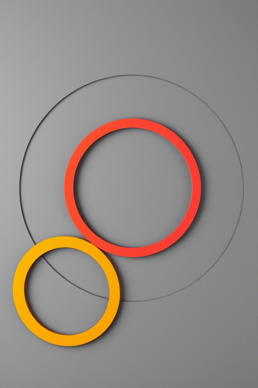 Create an abstract geometric composition with concentric circles in vibrant shades of red, orange, pink, and yellow against a sleek gray background, using a DSLR camera with a 50mm lens, f/2.8 aperture, ISO 100, natural lighting, and a slight overhead view to enhance depth and vibrancy.