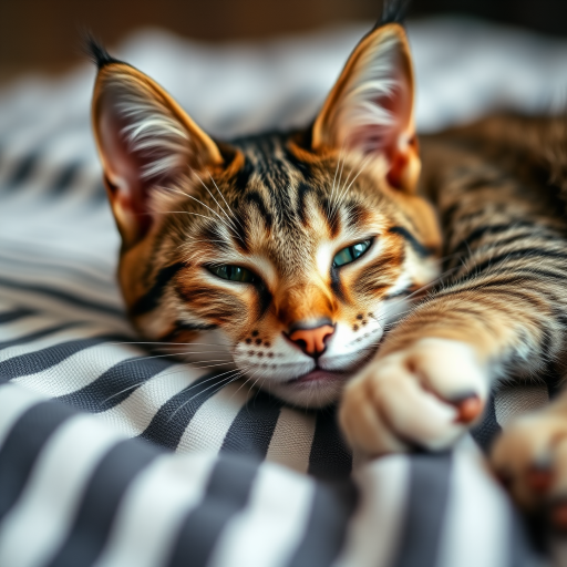 high-resolution close-up of a relaxed tabby cat lying on a striped blanket, shallow depth of field, f/2.8 aperture, 50mm lens, ISO 200, natural light, DSLR camera