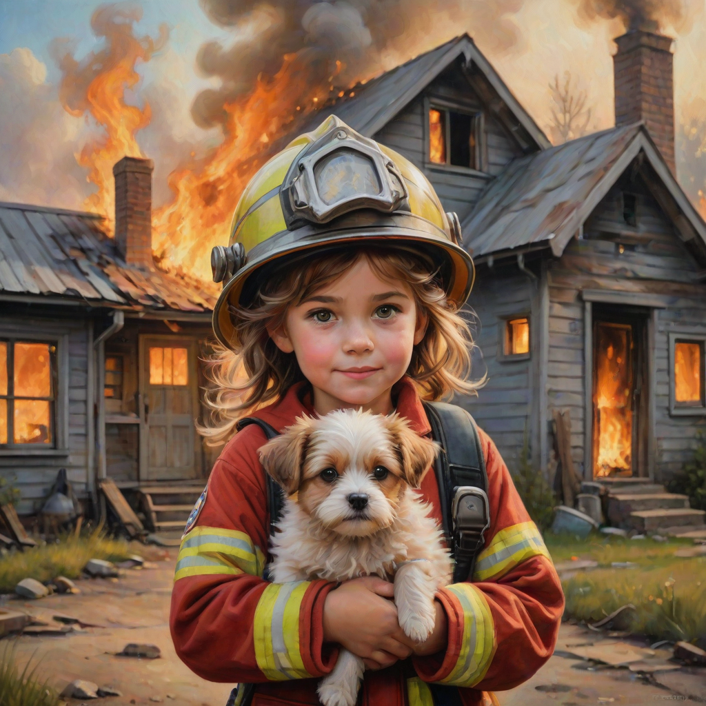airbrushed oil painting, pixar style, cute little girl in fireman gear, helmet, tousled hair, expressive eyes, standing in the doorstep of a cottage burning behind him, holding a cute little dog in her arm, atumn sky
