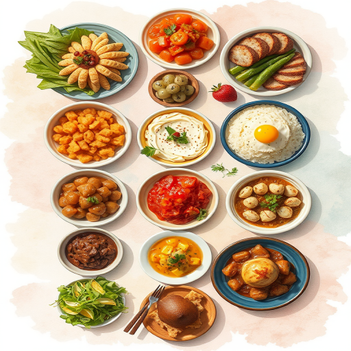 Create a detailed illustration of an array of dishes arranged in a 3x3 grid on a soft watercolor background, using a Canon EOS R5 camera with a 50mm lens, Aperture f/2.8, ISO 100, and a top-down view to capture vibrant colors and textures of the food.