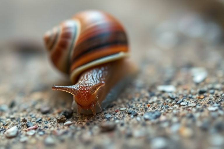 Close-up of a snail crawling on a textured surface, shallow depth of field, natural lighting, macro lens, f/2.8, ISO 100, 1/200s shutter speed, 50mm lens, focused on the snail.