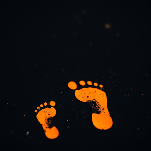Create an image of two orange footprints on a black background with a shallow depth of field, using a DSLR camera with a 50mm lens at f/2.8, ISO 100, and a focus distance of 1 meter to enhance clarity and vibrancy.