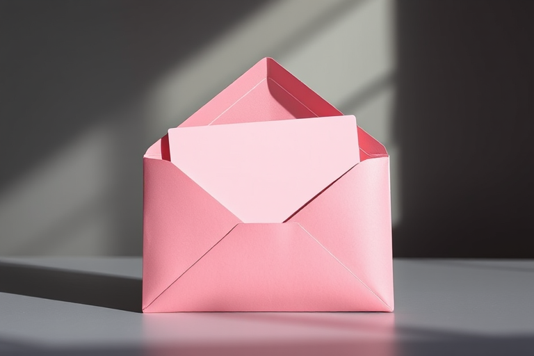 Create a high-quality image of a pink envelope with a light pink card partially visible inside, shot with a Canon EOS R5, 50mm lens, aperture f/2.8, ISO 100, in a well-lit studio setting with soft diffused lighting.